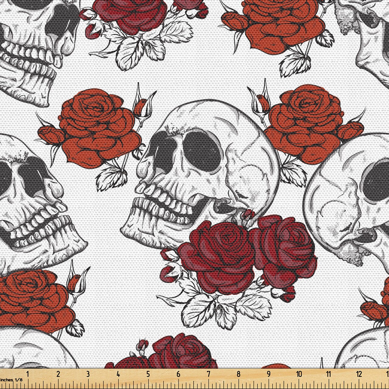 Ambesonne Skull Fabric by The Yard, Retro Gothic Dead Head Skeleton with Roses Halloween Theme Spooky Trippy Romantic, Decorative Fabric for Upholstery and Home Accents, 1 Yard, Grey